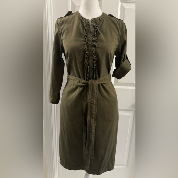 Talbots petites Olive Belted Ruffle Front Military Shirt Dress Size 4P - Picture 2 of 10